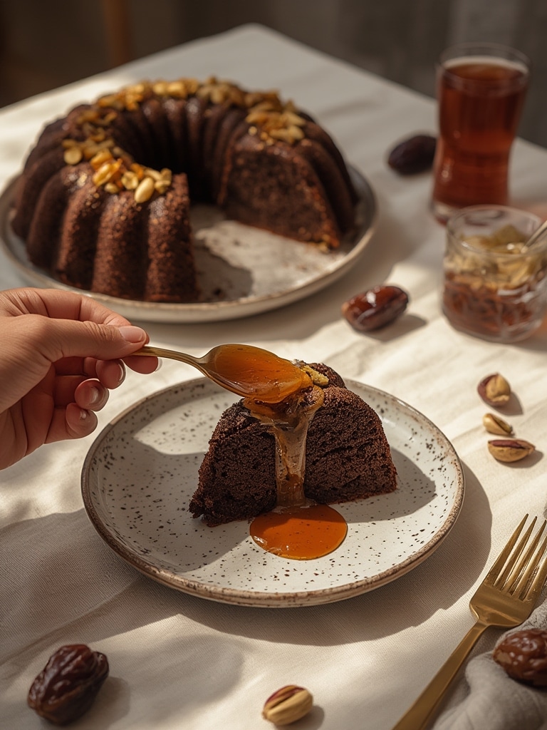dubai chocolate bundt cake - serving suggestion