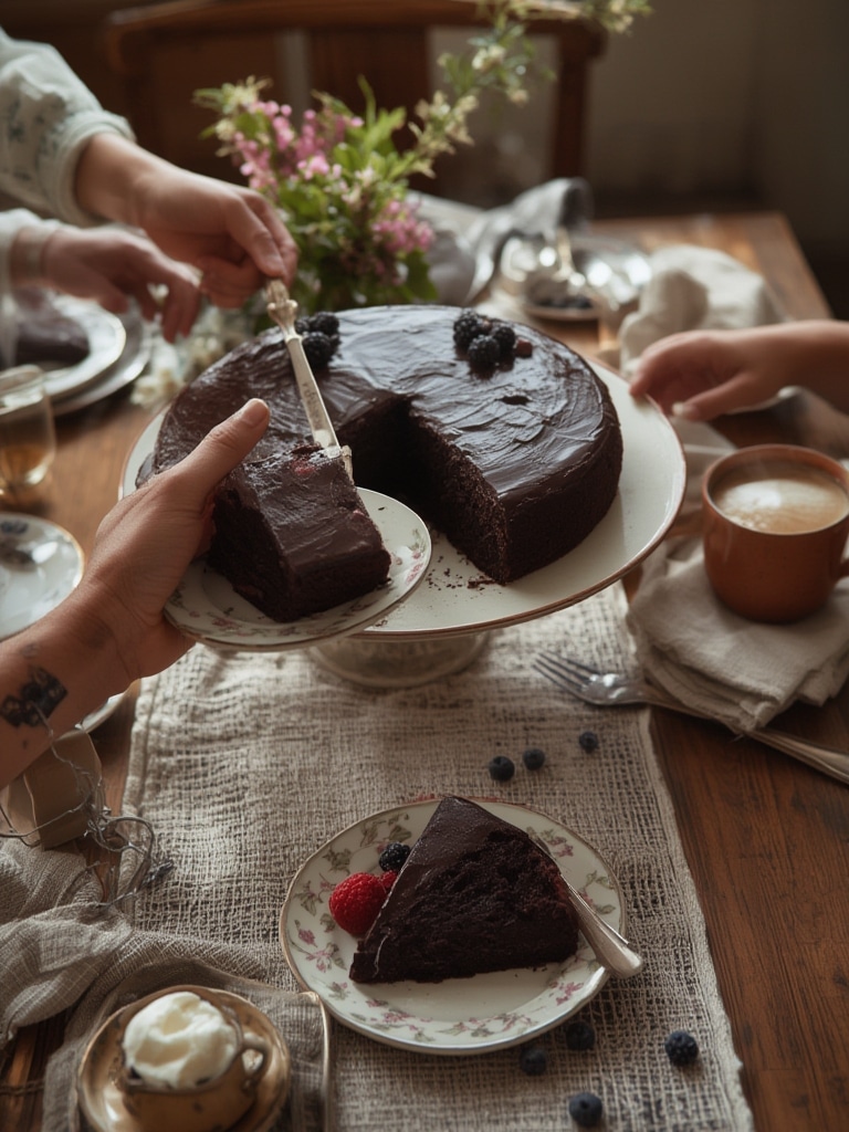 fudgy dark chocolate ganache cake - serving suggestion
