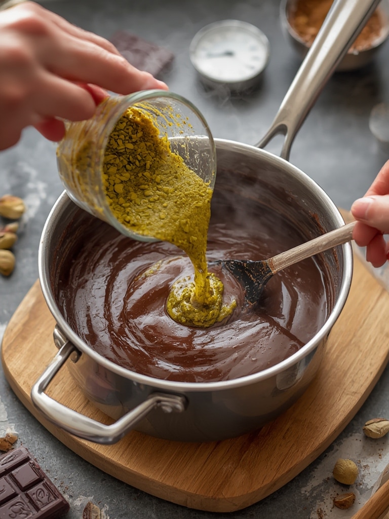 fudgy pistachio chocolate cake - cooking process