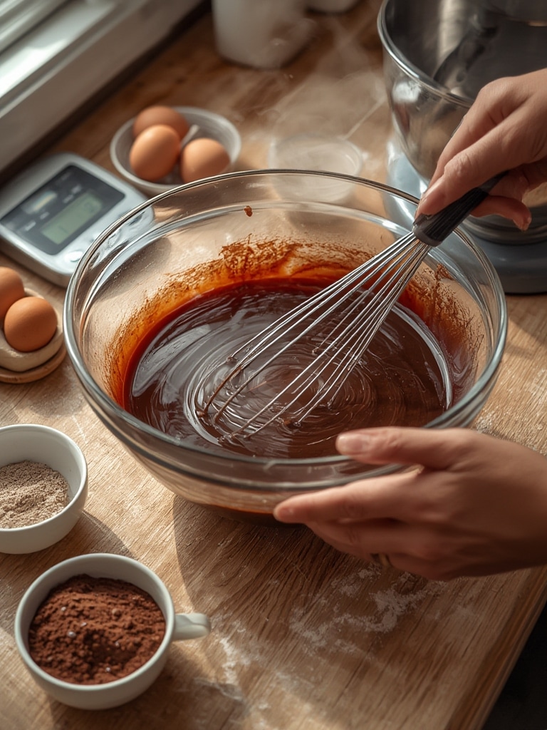 moist triple chocolate layer cake - cooking process