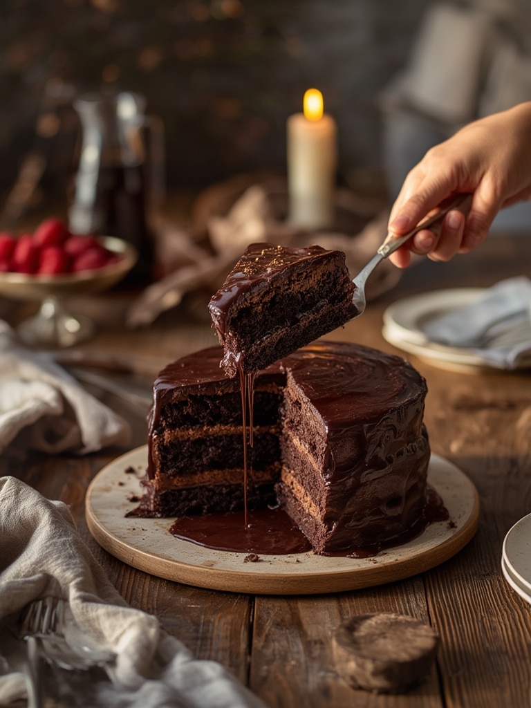 moist triple chocolate layer cake - serving suggestion