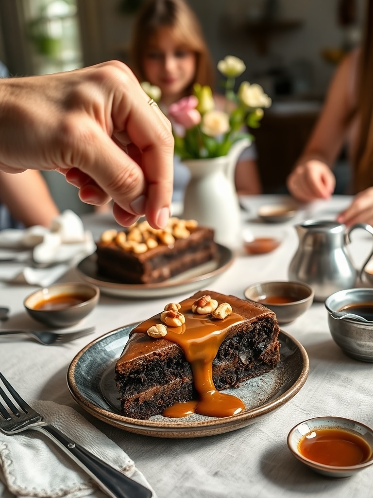 miso caramel chocolate cake - serving suggestion
