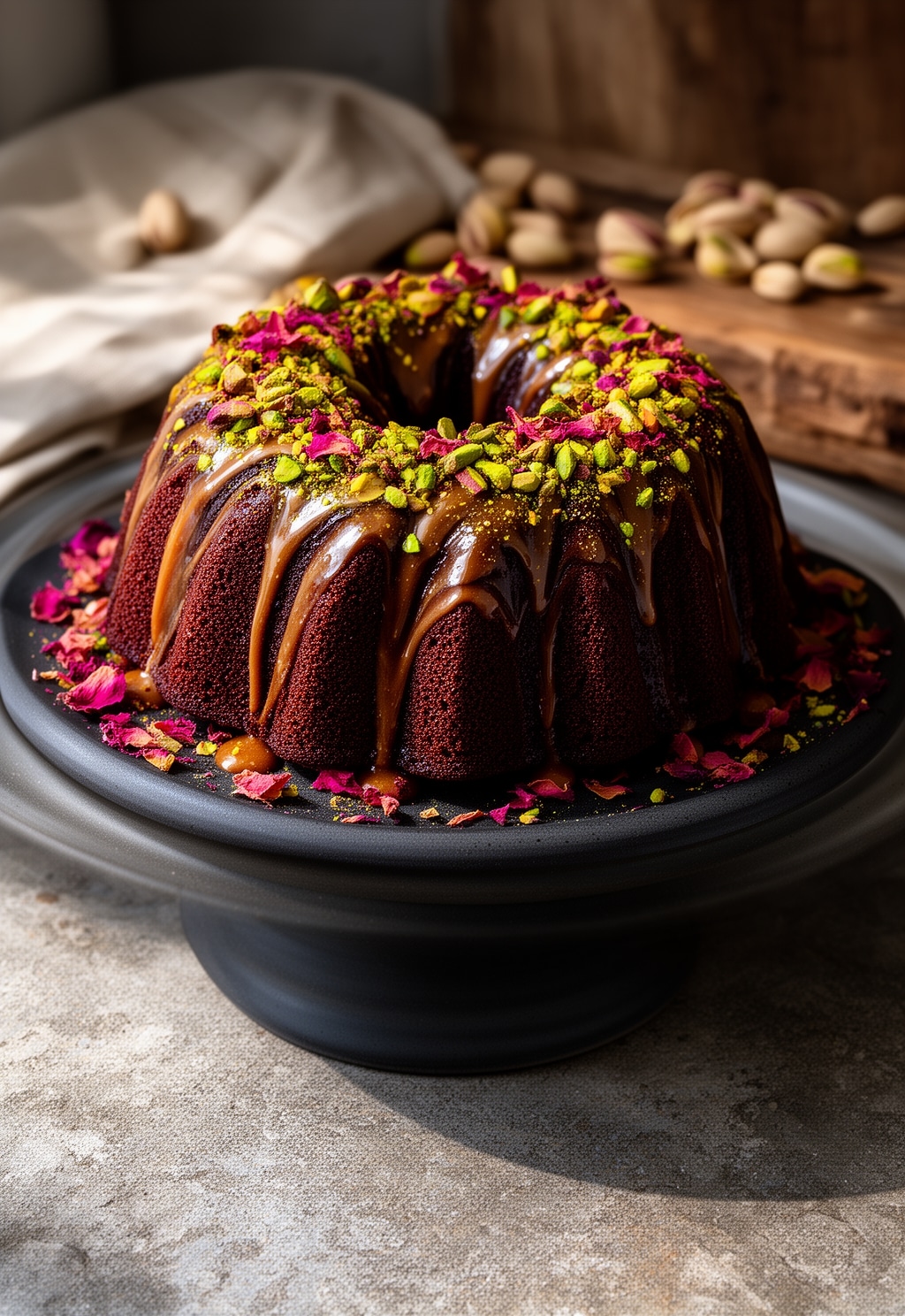 dubai chocolate bundt cake - finished dish presentation
