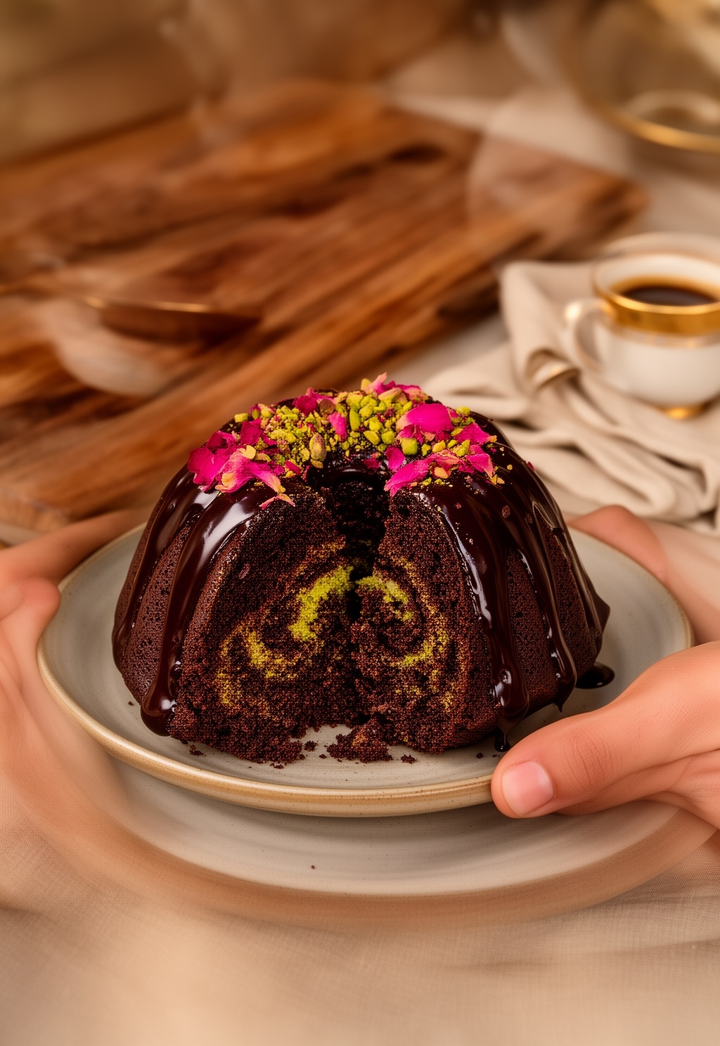 dubai chocolate bundt cake - serving suggestion