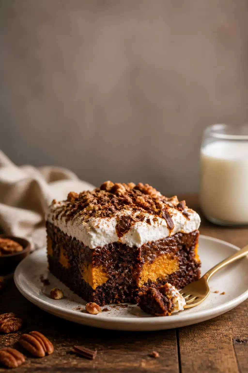 Pumpkin Chocolate Poke Cake - finished dish presentation